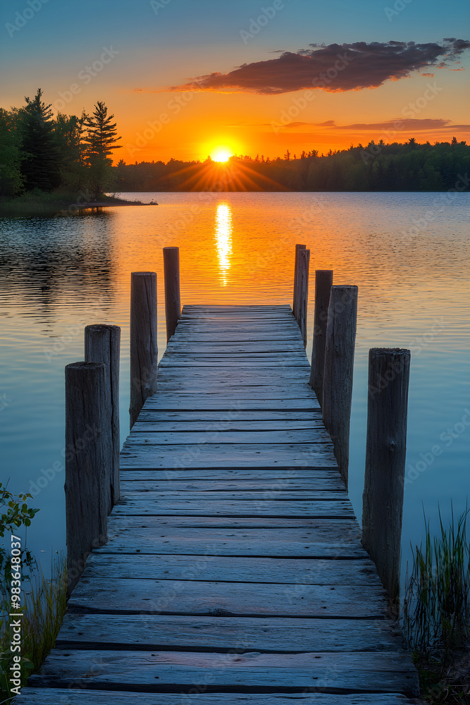 Fototapeta premium Lonely Dock Bathed in the Warm Glow of a Setting Sun - Breathtaking Scenic Beauty of Nature