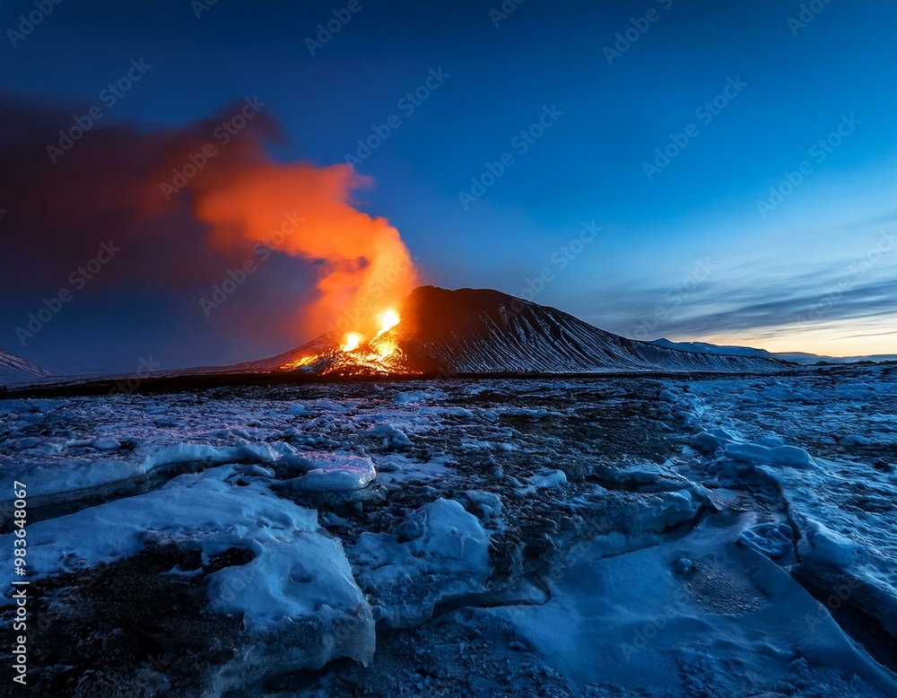 Fototapeta premium A landscape view of an underground volcanic eruption on an ice-covered barren waste melting away the land