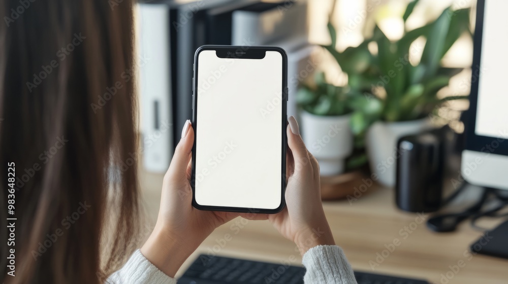 woman holding a mobile phone with a blank desktop screen generative ai woman holding a mobile phone with a blank desktop screen generative ai