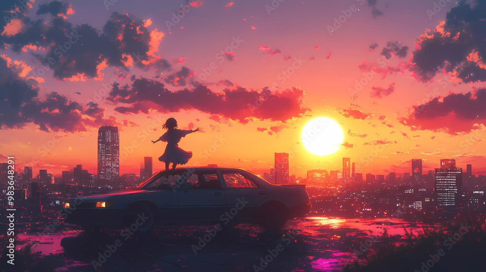 Obraz premium depicting a sunset over a city in the background woman dancing on top of an car, watching it burn to ashes. The image has a lo-fi, colorful aesthetic lo-fi music genre Generative AI.