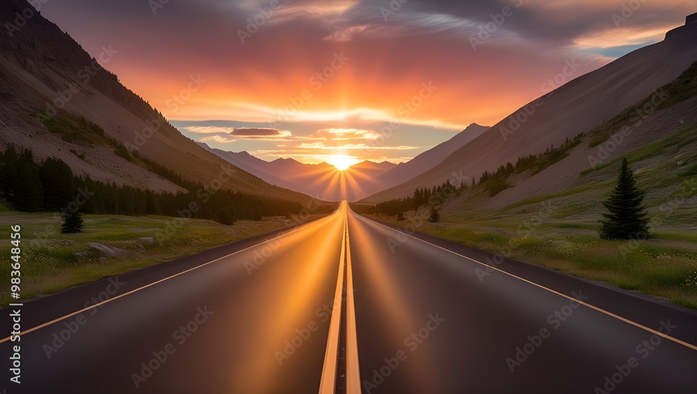 A long empty mountain road stretching toward the horizon on a sunny summer day at bright sunset A long empty mountain road stretching toward the horizon on a sunny summer day at bright sunset