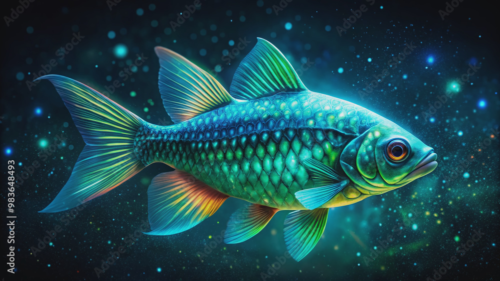 Vibrant blue-green fluorescent fish darts through inky blackness of ocean depths, its radiant scales shimmering like stars against the dark, mysterious underwater landscape. Vibrant blue-green fluorescent fish darts through inky blackness of ocean depths, its radiant scales shimmering like stars against the dark, mysterious underwater landscape.