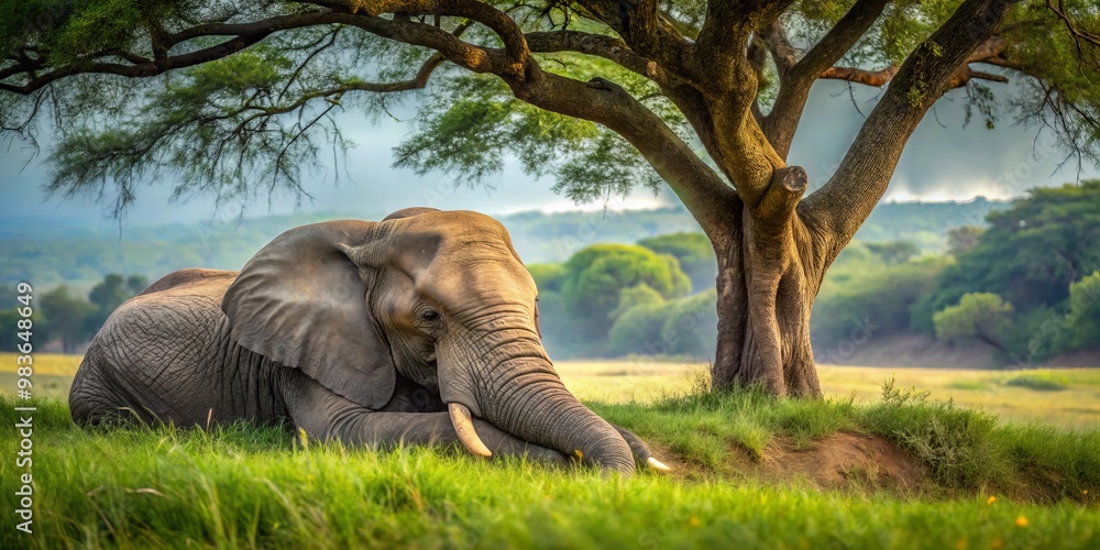 Fototapeta premium Beneath a shady tree, a tranquil elephant sleeps peacefully, embraced by the lush greenery and vibrant nature that