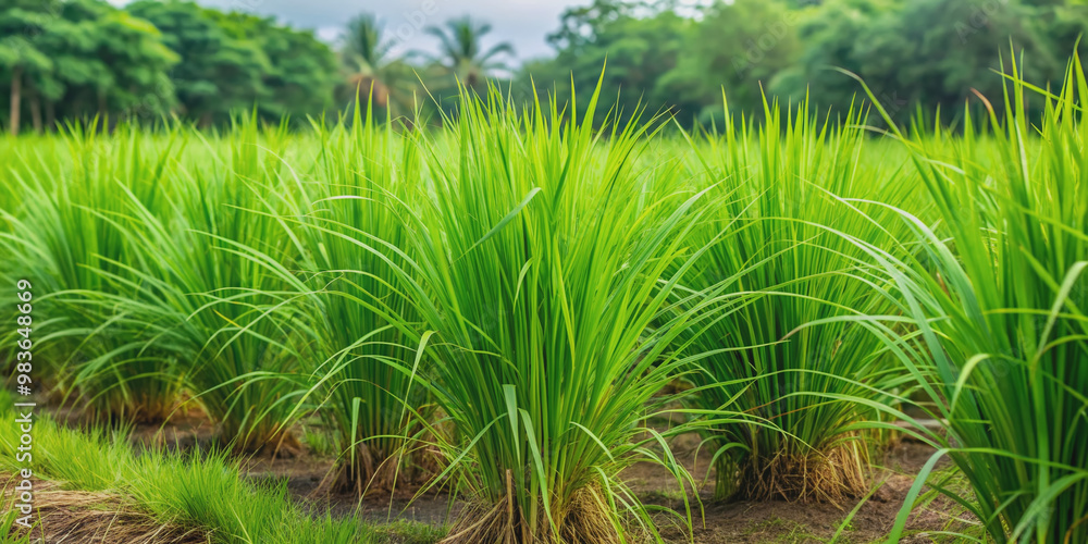 Lush green vetiver grass sways gently in the breeze, showcasing a thriving field used for soil conservation, water management, and sediment control in sustainable development. Lush green vetiver grass sways gently in the breeze, showcasing a thriving field used for soil conservation, water management, and sediment control in sustainable development.