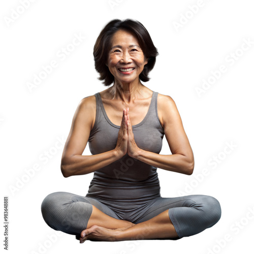 Woman practicing yoga in a seated pose with a calm expression on a transparent background