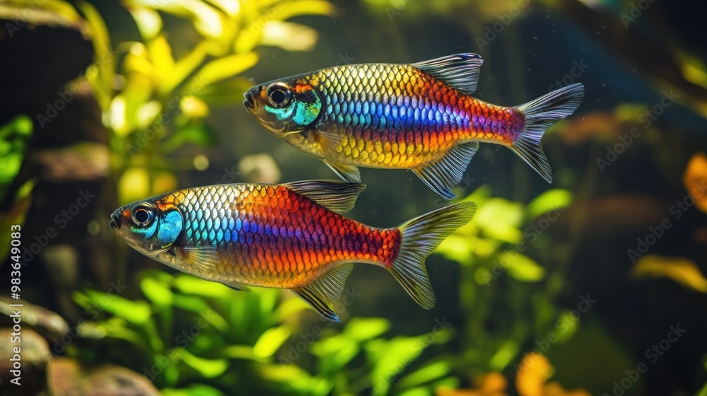 Two Colorful Fish Swimming in a Green Aquarium Two Colorful Fish Swimming in a Green Aquarium