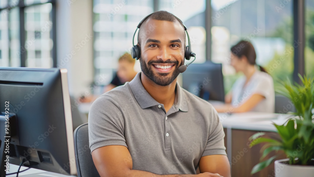 Friendly brown male staff sitting at modern help desk in an office, wearing a gray polo collar shirt, smiling warmly with no one in the background. Friendly brown male staff sitting at modern help desk in an office, wearing a gray polo collar shirt, smiling warmly with no one in the background.
