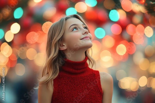 Australian girl wearing red knit sweater with copy space for christmas background