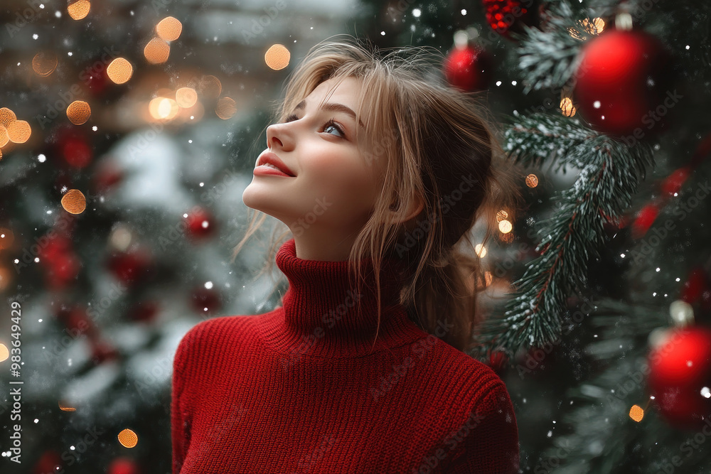 French girl wearing red knit sweater with copy space for christmas background French girl wearing red knit sweater with copy space for christmas background