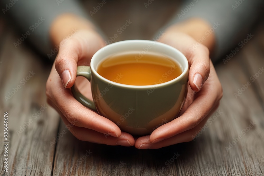 Hands cupping a warm mug of tea during a calming therapy session, mental relaxation, comfort in therapy Hands cupping a warm mug of tea during a calming therapy session, mental relaxation, comfort in therapy