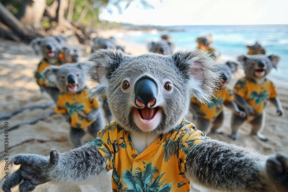 A group of baby koalas wearing Hawaiian shirts are posing for a picture A group of baby koalas wearing Hawaiian shirts are posing for a picture