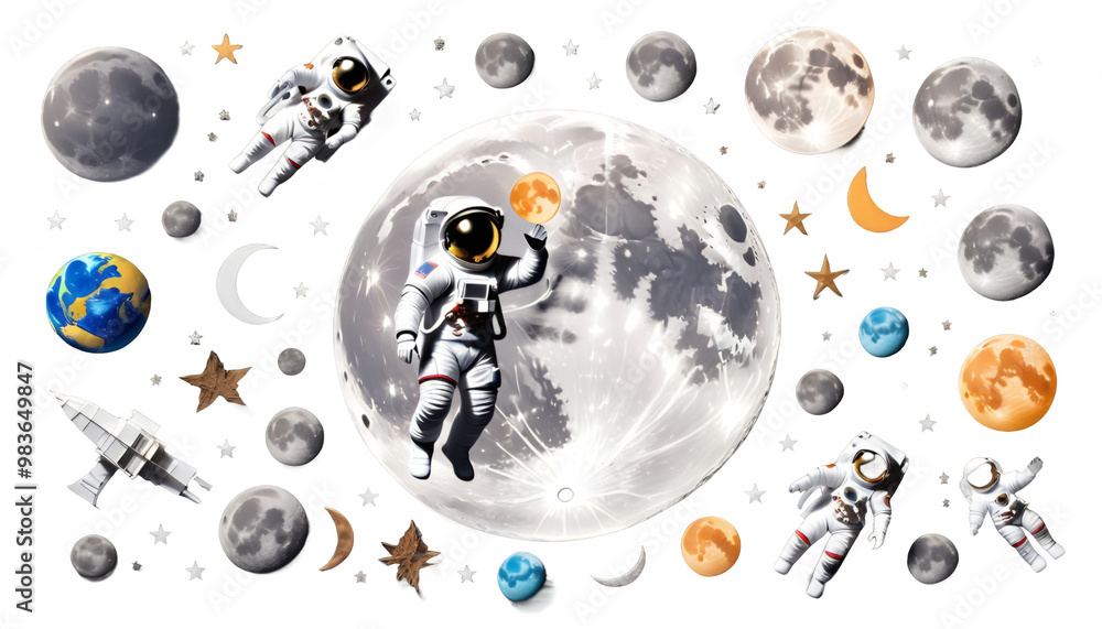 moon digital flying astronaut holding illustration cartoon rocket vector star space night outer tiny cute character statue icon ride happy logotype signs captivating fly month sky mascot helmet