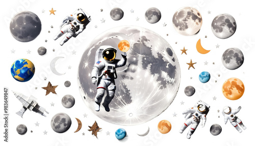 Obraz na płótnie moon digital flying astronaut holding illustration cartoon rocket vector star space night outer tiny cute character statue icon ride happy logotype signs captivating fly month sky mascot helmet w salonie