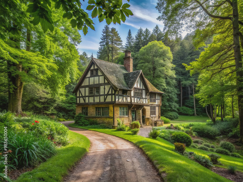 Secluded timber-framed farmhouse surrounded by lush greenery and tall trees, with a winding dirt path leading to the front door in a serene forest setting.