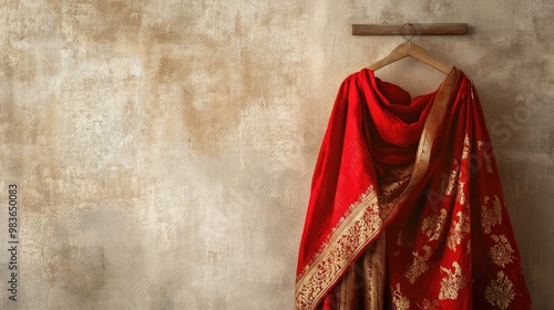 A traditional Banarasi silk sari in rich red hues, draped elegantly on a plain wooden hanger, set against a beige wall.