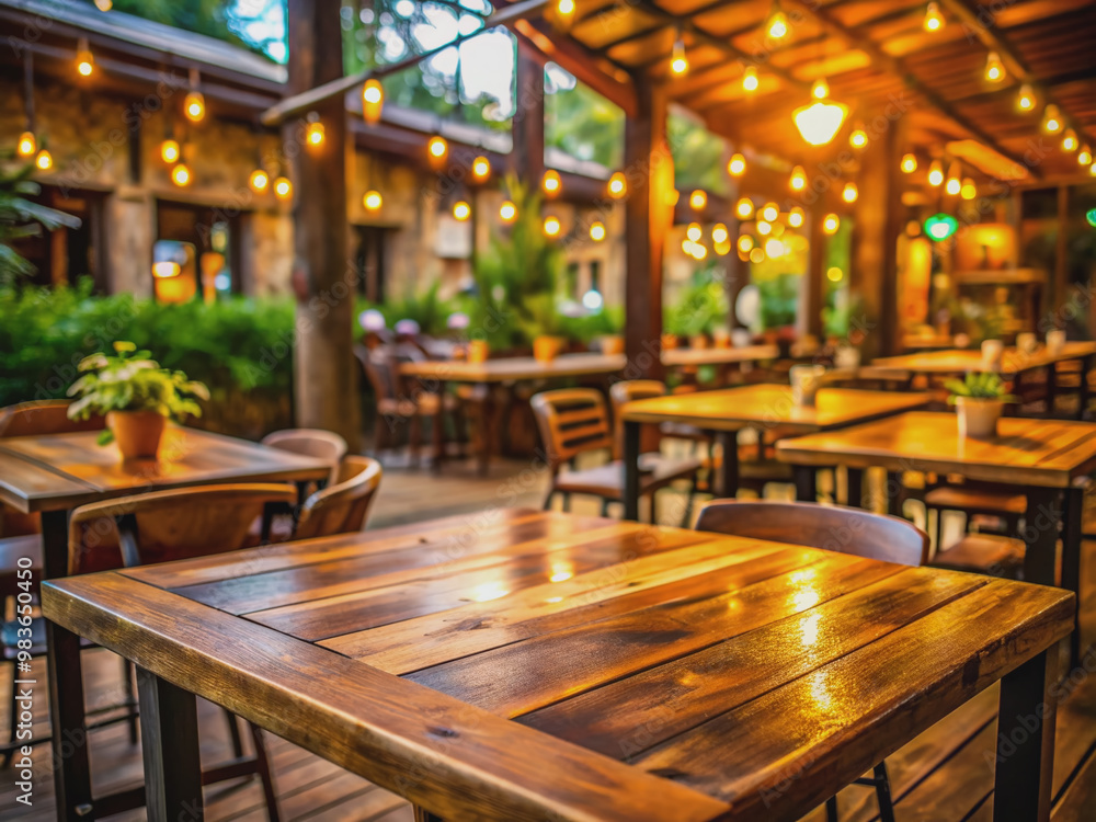 Rustic wooden table stands isolated in an open air restaurant with blurred, bustling atmosphere and warm ambient light, evoking feelings of comfort and relaxation. Rustic wooden table stands isolated in an open air restaurant with blurred, bustling atmosphere and warm ambient light, evoking feelings of comfort and relaxation.