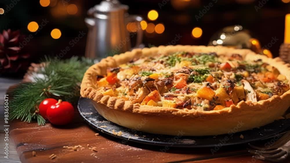 Freshly baked christmas pie is sitting on a wooden table with christmas lights glowing in the background. The pie is filled with chicken, potatoes, carrots, and herbs