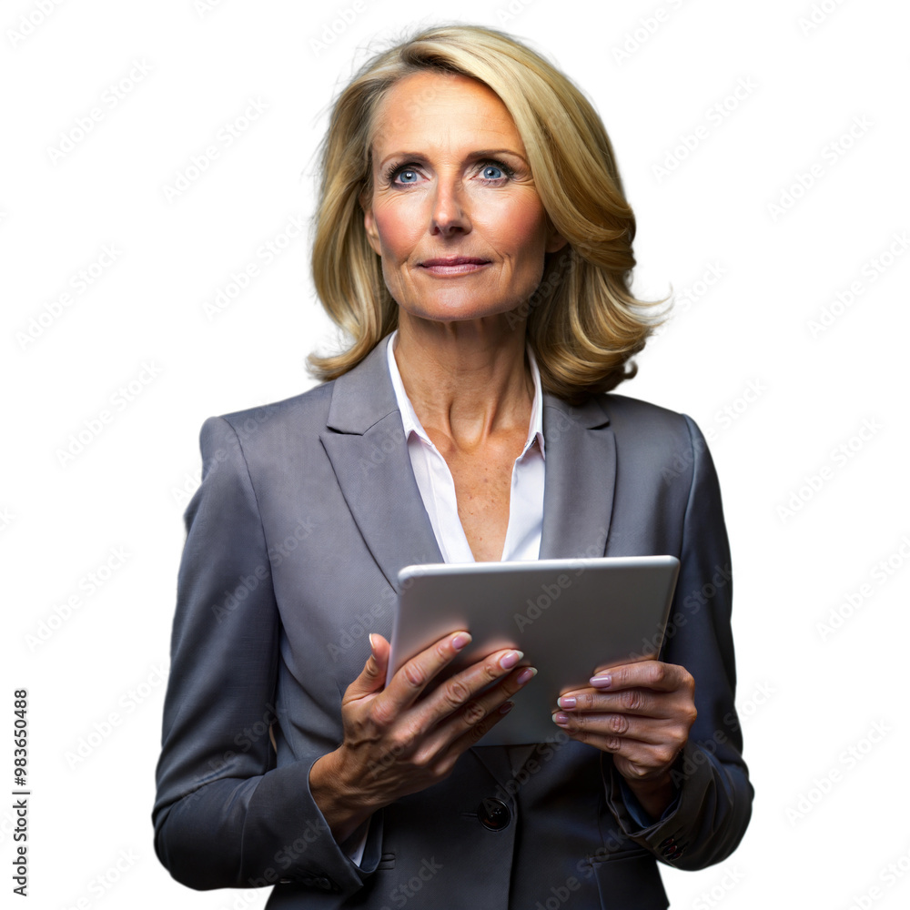 Serious businesswoman with a digital tablet, looking attentive on a transparent background Serious businesswoman with a digital tablet, looking attentive on a transparent background