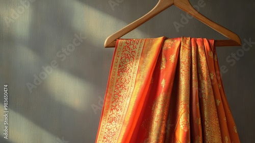 A vibrant orange silk sari with intricate zari embroidery, gracefully flowing on a wooden hanger, plain gray background.