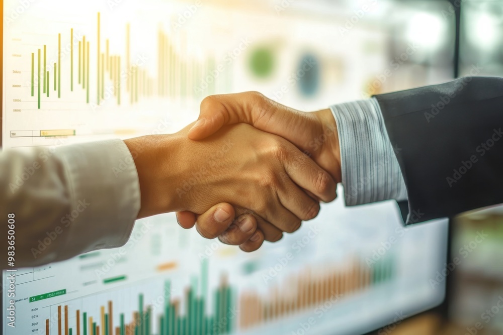 Two men shake hands in front of a computer monitor with graphs on it Two men shake hands in front of a computer monitor with graphs on it