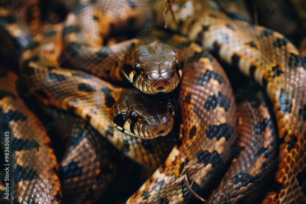 Group of snakes tangled together in a mysterious encounter under the forest canopy during daytime Group of snakes tangled together in a mysterious encounter under the forest canopy during daytime