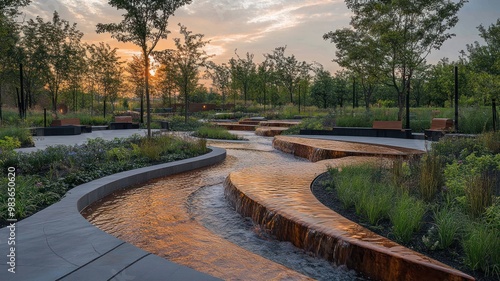 Serene park landscape featuring winding water features at sunset.