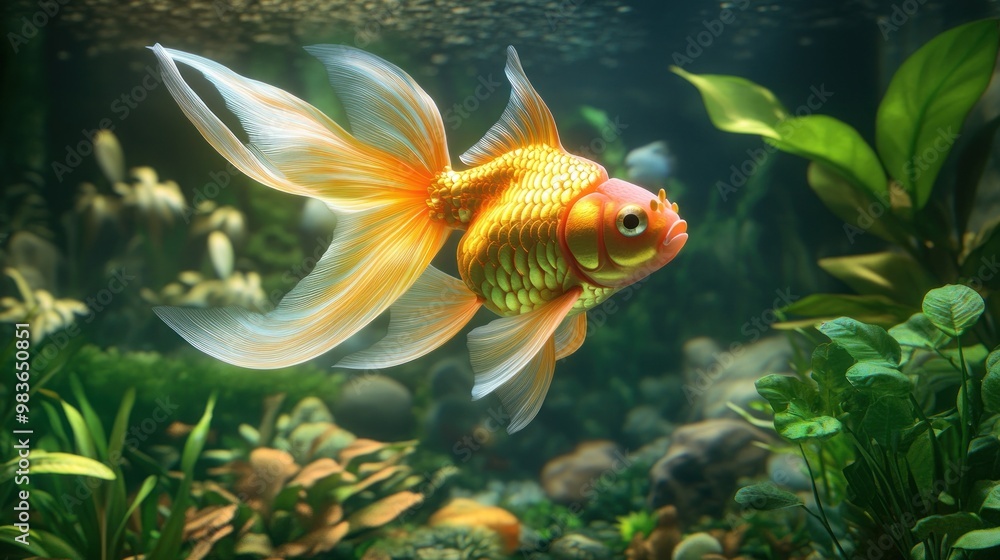 A Vibrant Goldfish Swimming in an Aquarium A Vibrant Goldfish Swimming in an Aquarium