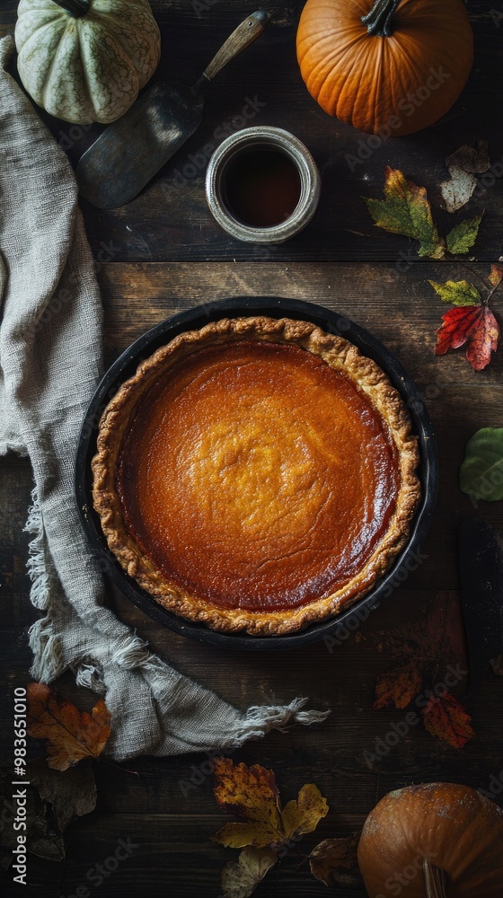 vertical format, Homemade pumpkin pie on a rustic wooden table decorated with autumn leaves and seasonal items in a cozy kitchen setting vertical format, Homemade pumpkin pie on a rustic wooden table decorated with autumn leaves and seasonal items in a cozy kitchen setting