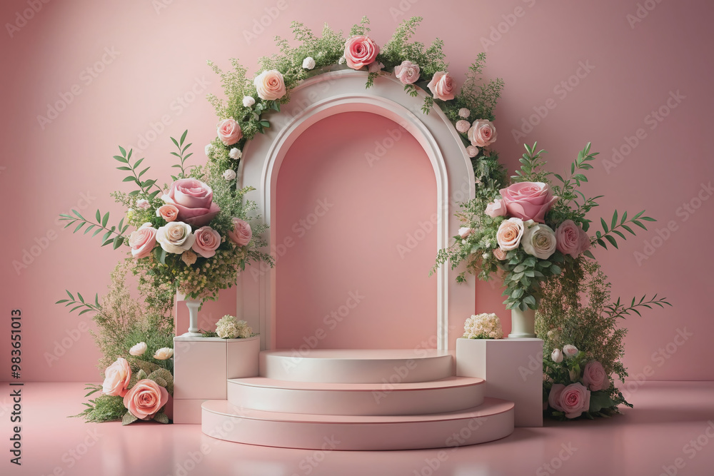 Elegant 3D floral podium with rose arch and ornate steps adorned with flowers and leaves in soft pastel hues on a pink background for product display. Elegant 3D floral podium with rose arch and ornate steps adorned with flowers and leaves in soft pastel hues on a pink background for product display.