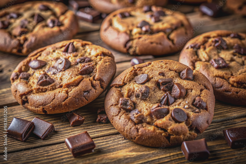 Richly textured closeup of freshly baked double chocolate chip cookies, warm golden brown with dark chocolate chunks scattered throughout, on a rustic wooden background. Richly textured closeup of freshly baked double chocolate chip cookies, warm golden brown with dark chocolate chunks scattered throughout, on a rustic wooden background.