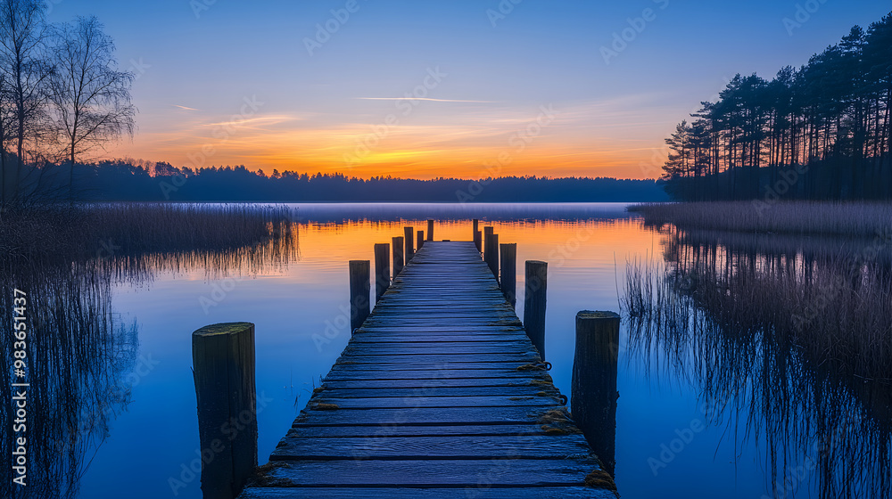 Fototapeta premium Lonely Dock Bathed in the Warm Glow of a Setting Sun - Breathtaking Scenic Beauty of Nature