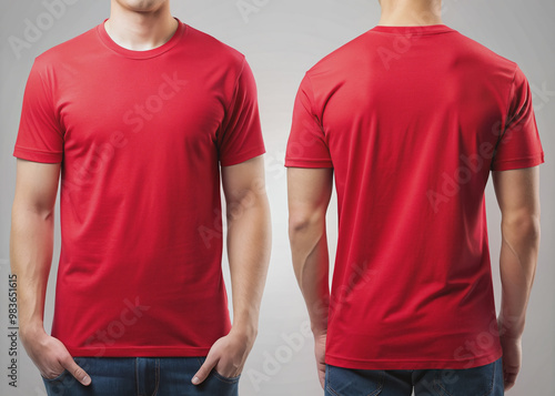 front and back view of plain red t-shirt template mockup, generative ai
