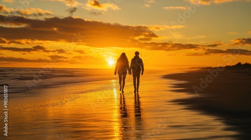 Close up A couple walking on the beach at sunset. Red sun background. Ai generated image