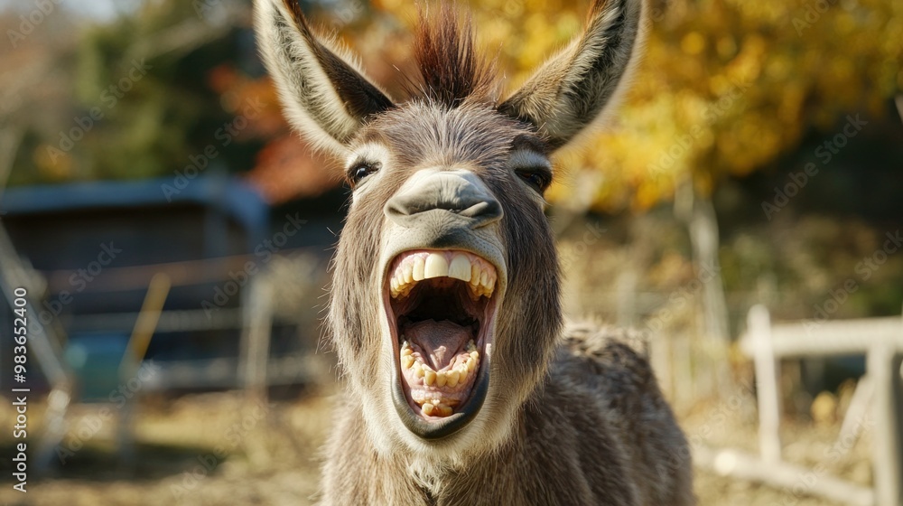 Fototapeta premium A Donkey's Big Grin in the Autumn Light