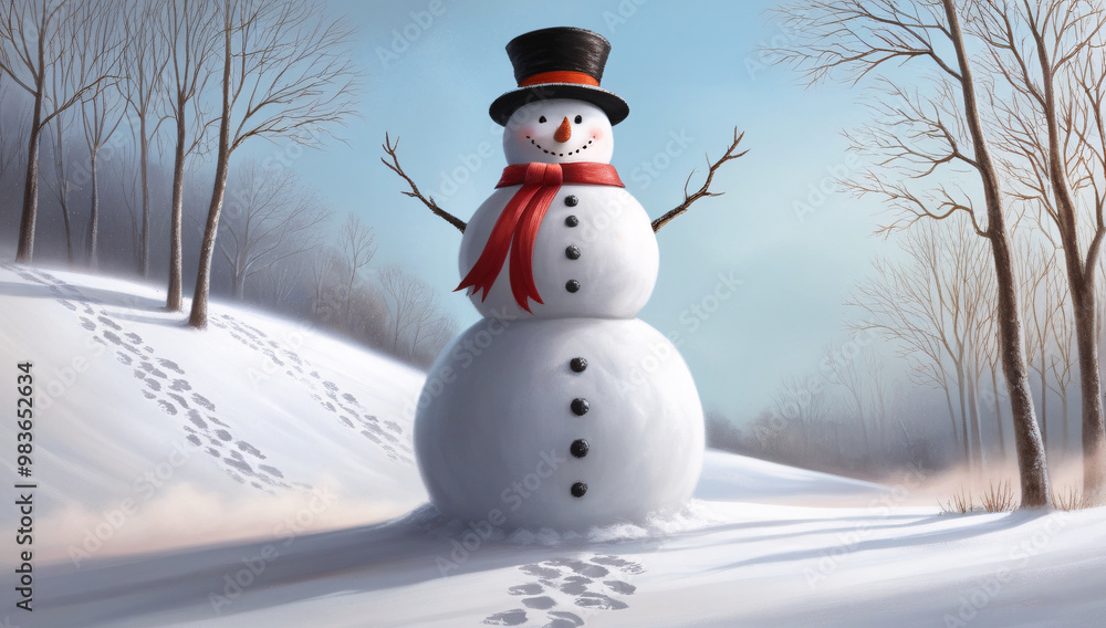 Fototapeta premium snowman with red scarf and cap in the winter forest.
