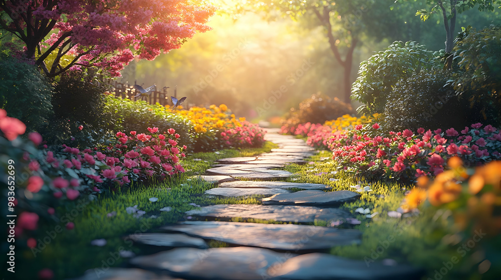 Stone Path Leading Through a Lush Garden with Flowers - Illustration Stone Path Leading Through a Lush Garden with Flowers - Illustration