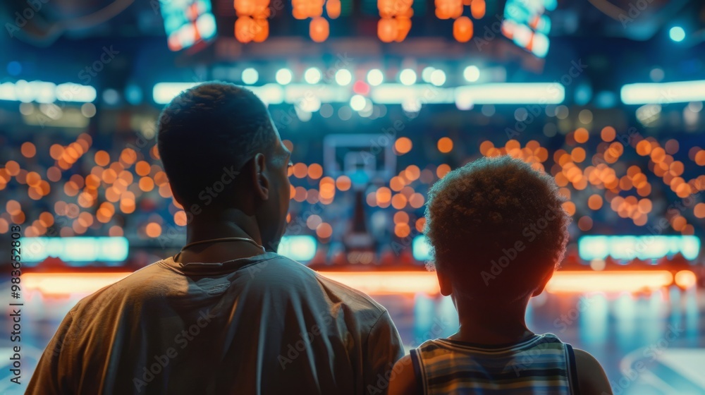 dad and son watching a game on a basketball court generative ai