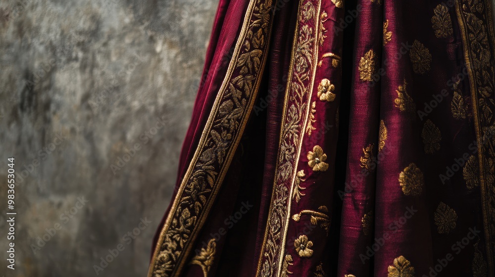 Close-up of a traditional maroon silk sari with golden embroidery, draped on a hanger, set against a plain gray wall. Close-up of a traditional maroon silk sari with golden embroidery, draped on a hanger, set against a plain gray wall.