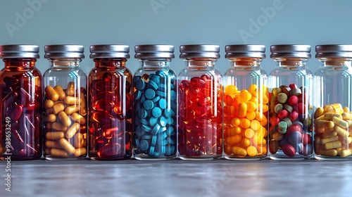 Set of prescription bottles with clearly labeled dosages representing the careful management of medicine photo