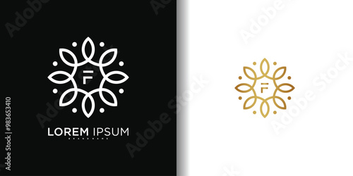 Simple elegant leaf flower logo design with letter F. Premium Vector