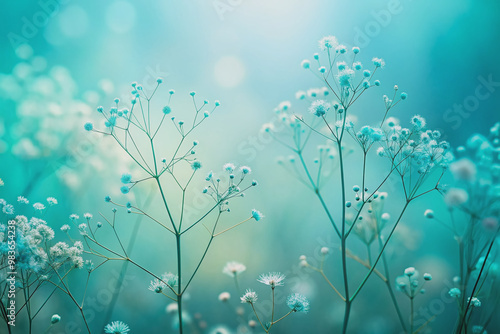 Softly blurred turquoise-toned silhouette of delicate flowers against a gentle gradient background, evoking serene tranquility and subtle elegance in a dreamy atmosphere.