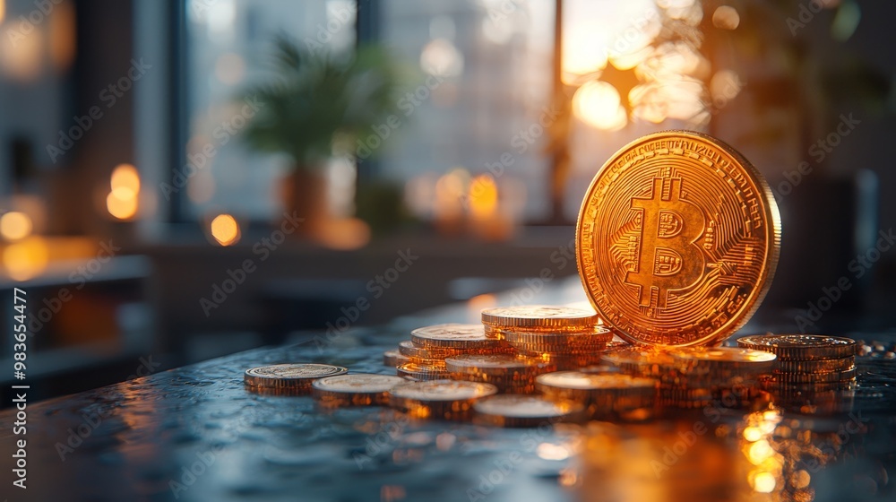 Golden Bitcoin on Table Surrounded by Crypto Cash