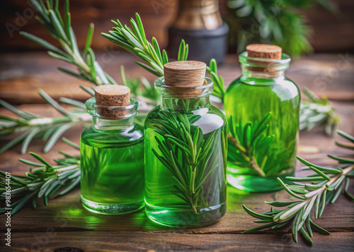 Vibrant green essential oil bottles infused with rosemary, evoking a sense of relaxation, filled with calming herbal aroma, perfect for a rejuvenating self-care experience.