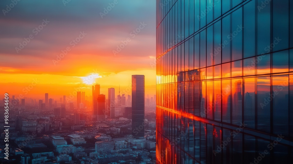 Glass skyscraper reflecting sunset, glowing orange hues, modern city skyline in background, reflective architecture, cityscape Glass skyscraper reflecting sunset, glowing orange hues, modern city skyline in background, reflective architecture, cityscape