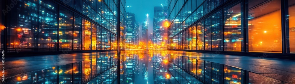 Fototapeta premium Mirrored office building reflecting vibrant city lights, night scene, dynamic urban energy, city lights, urban reflection