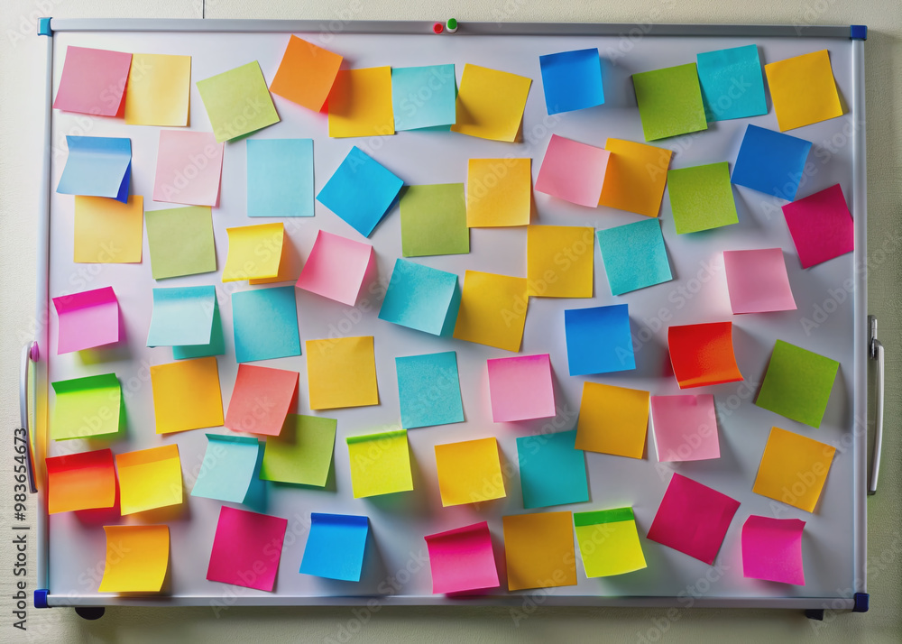 Vibrant sticky notes in various colors and shapes cover a whiteboard, conveying creativity, organization, and brainstorming, with a slight sense of chaotic productivity. Vibrant sticky notes in various colors and shapes cover a whiteboard, conveying creativity, organization, and brainstorming, with a slight sense of chaotic productivity.