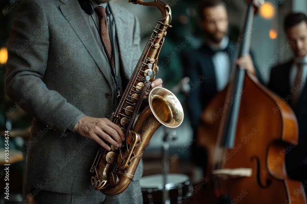 Obraz premium A man playing a saxophone in front of a group of people
