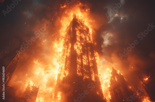 A Tall Building on Fire, a Movie Scene Directed in the Middle of an Urban Area