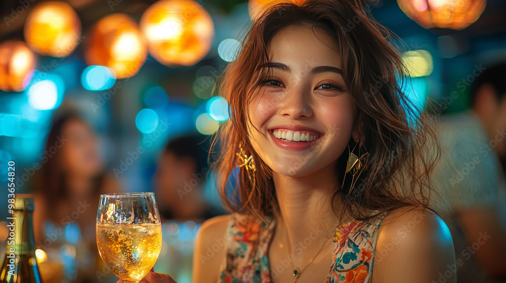 A young woman smiles brightly as she holds a glass of wine at a bar. A young woman smiles brightly as she holds a glass of wine at a bar.