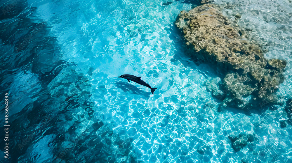 Fototapeta premium Aerial view Group of dolphins swimming in the ocean with crashing waves, symbolizing the beauty of marine life. Protect animals and the ocean environment. Background marine life